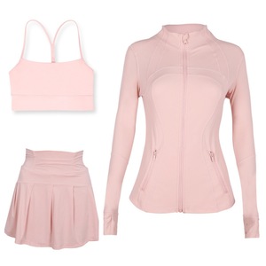 Wholesale 3pcs Yoga Set S-3XL Stand up Collar Zip-up <b>Jacket</b> for <b>Women</b> Sports Bra Tennis Skirt Gym Workout Jogger Sportswear Set - Product Image 2