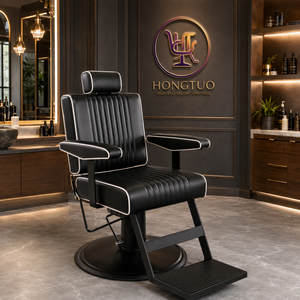 Chaise de barbier en cuir véritable noir, réglable en hauteur, pivotante à 360 degrés, base en acier inoxydable, mobilier de salon - Product Image 1