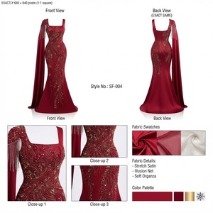 Vestido Largo Color Vino con Cuello Cuadrado y Capa en el Hombro, Bordado a Mano, Elegante para Fiesta de Noche - Product Image 2