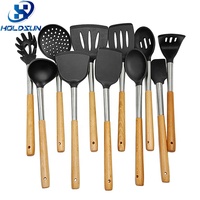 Lot de 11 ustensiles de cuisine en silicone antiadhésif résistant à la chaleur avec poignée en bois pour la cuisine à domicile