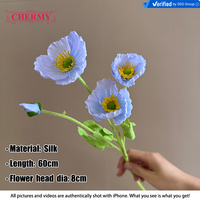 DC087 Bunga Poppy Biru Muda Berlapis Sutra, Bunga Poppy Buatan, Tangkai Poppy Palsu untuk Dekorasi Meja Pernikahan, Grosir