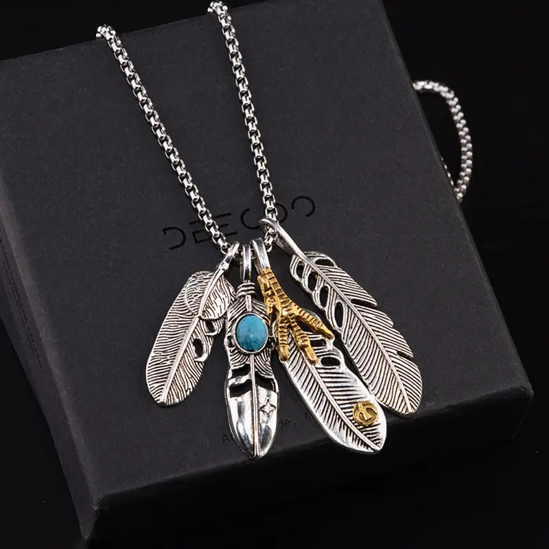 2023 Groothandel Hiphop Rvs Heren Ketting Retro Blad Ketting Hoge Brug Sky Feather Hanger Ketting