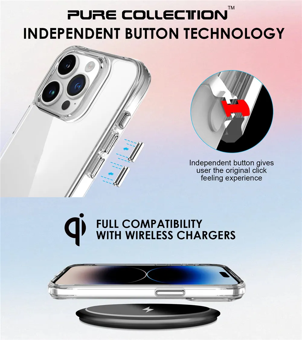 Wholesale Clear Anti Yellow Metal Button Acrylic 2 IN 1 Shockproof Mobile Phone Case for iPhone 15 14 13 12 Pro Max