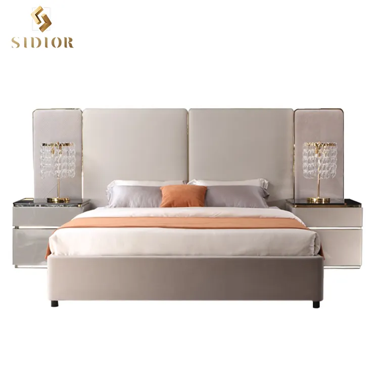 Mobili per camera da letto di lusso letto moderno imbottito in vera pelle italiano testiera larga letto King Size