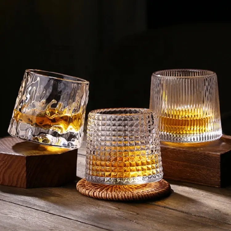 Japanese style creative rotating whisky glass thickened non-invertible glass bark vertical striped shaker cup