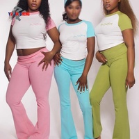 Ensemble deux pièces personnalisé en coton et élasthanne pour femme, comprenant un t-shirt et un pantalon évasé à taille repliable, idéal pour l'automne, grandes tailles et femmes de grande taille, vêtements de loisirs