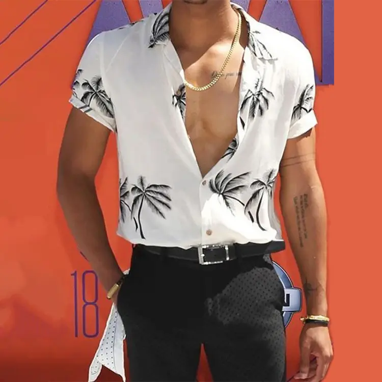Baju Pantai Eropa dan Amerika Pria, Baju Lengan Pendek Motif Hawaii untuk Pria