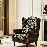 Flower Tiger Sessel im französischen Retro-Stil, Stoff-Leder-Kombination, Einzelsessel, amerikanischer Wohnzimmer-Hochlehner, lässiges Einzelsofa