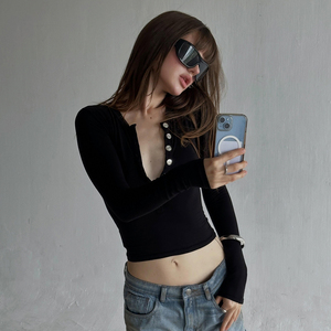 Top de Manga Larga con Cuello Redondo y Botones Metálicos en la Parte Delantera, Ajustado a la Cintura, Estilo Sexy y Versátil para Primavera/Otoño - Product Image 4