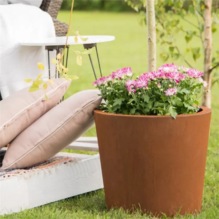 맞춤형 Corten 스틸 큐브 화분 녹 라운드 스퀘어 금속 정원 꽃 냄비 야외 상자 재배자