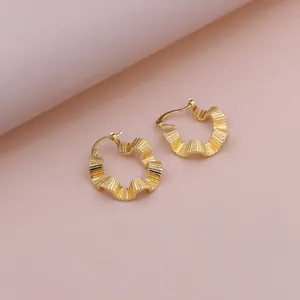 Ribbon Irregular Water Ripple Pattern Women Girl 24k Gold Plated Brass Copper Hoop Earrings Fashionable Design For Women
