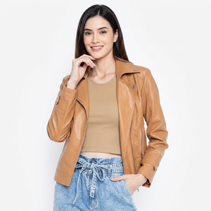 Womens Faux Leather Motorcycle Jacket Asymmetric Zip Short Biker Coat Outerwear - Leather Jackets - Product Image 1