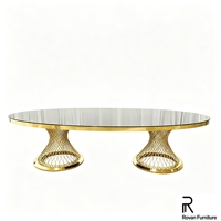 Table de banquet ovale de luxe haut de gamme en acier inoxydable doré avec base sablier en maille pour mariage, événement, fête, hôtel