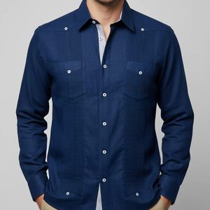 <span class=keywords><strong>Camisas</strong></span> Guayabera de un Solo Pecho y Cuatro Bolsillos <span class=keywords><strong>para</strong></span> Hombre, 100% Lino, <span class=keywords><strong>Camisas</strong></span> de Vestir Casuales de Verano, Manga Larga, Antiencogimiento, Servicio OEM - Product Image 1