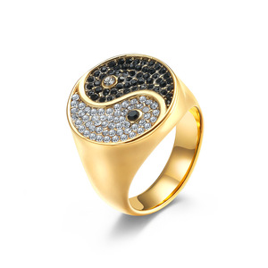 Bague en acier inoxydable avec symbole Tai Chi pour homme, micro-pavé de diamants noirs et blancs, bijou cadeau - Product Image 5