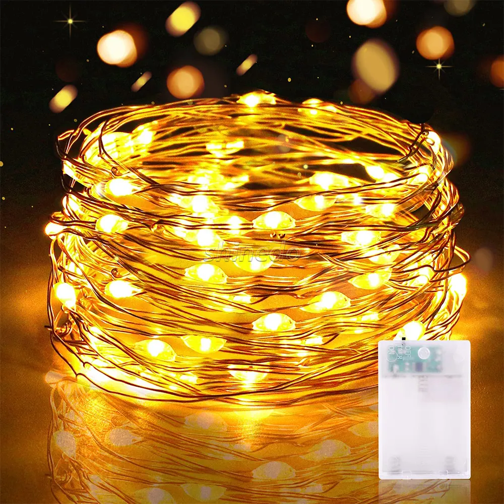 Lampu peri dengan kabel tembaga dioperasikan baterai taman dekorasi liburan Natal 100 karangan bunga tali led