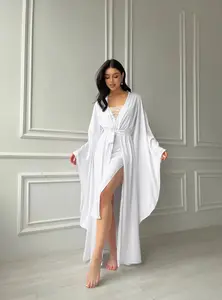 Bayanlar beyaz dantel v yaka örgü yüksek yarık gecelik 2 parça zarif kadın seksi için elbiseler ile gece elbiseleri