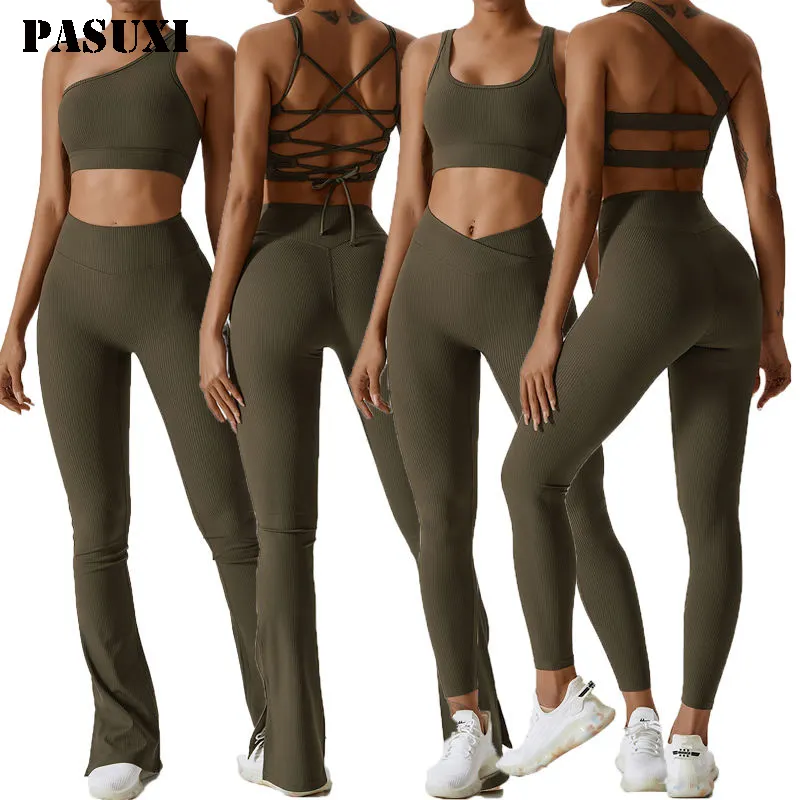 PASUXI New Seamless Ribbed Activewear Women Sports Clothes Plus Size Yoga Sets Yoga Bra Leggings Gym Fitness Sets