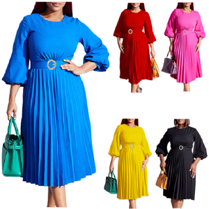 Hợp Thời Trang Mùa Thu Dresses Cho Phụ Nữ Rắn Màu Lỏng Eo O-Cổ xếp li Ăn Mặc Thanh Lịch Phi Dresses Cho Phụ Nữ Quần Áo - Product Image 1