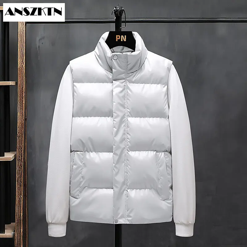 ANSZKTN Men bright shinny surface warm sleeveless jacket casual padded vest male spring and winter thick wadded waistcoat