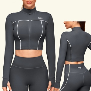 Women's Yoga Sports Set Quick Dry Zipper Long-sleeved Yoga <b>Jacket</b> Soft Breathable <b>Workout</b> Shorts Slim Seamless Lightweight Front - Product Image 2