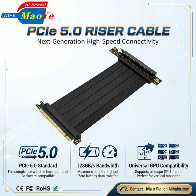 PCIe 5.0 X16 Riser Cable 128GB/s 32GT/s Gen5 Full Speed for RTX 5090 Ti 5080 RX 9070 XT Backward Compatible PCIe 4.0
