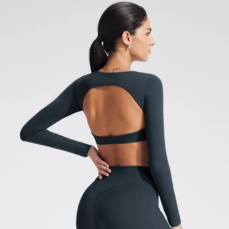 Women Sculpting Hollow Back Sports Crop Top Long Sleeve Breathable Tight Fit Yoga Fitness Top