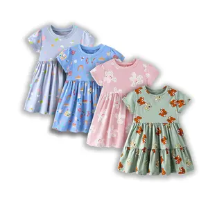 Baby Girl dresses round neck Short-Sleeved Skirt 2024 Summer cotton breathable Cute purple printed dress for girls