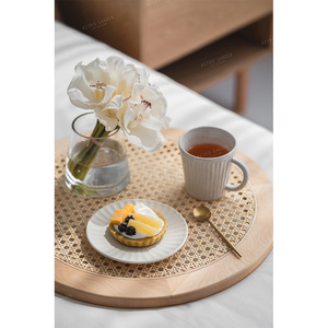 wholesale handmade woven serving tray cup with round rustic sundries desktop decoration rattan weave tray storage tray