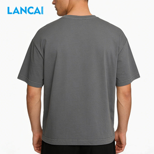T-shirt épais en coton noir Lancai avec logo personnalisé, impression streetwear, coupe décontractée, épaules tombantes, t-shirt vierge épais - Product Image 3