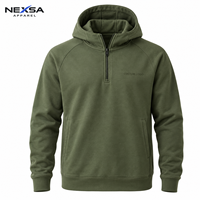 Vêtements en gros pour hommes, sweat à capuche vert olive à col montant et fermeture éclair quart, manches raglan, poches latérales, décontracté, logo personnalisé, OEM, prix bas