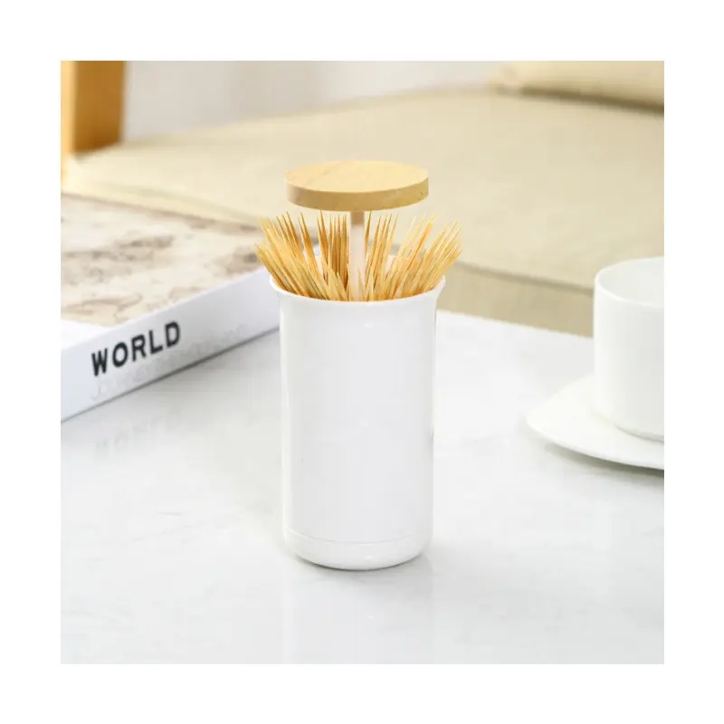 Huishoudelijke Kantine Cilinder Mini Tandenstoker Houder Dispenser Plastic Druk Smart Tandenstokers Houder Met Bamboe Deksel