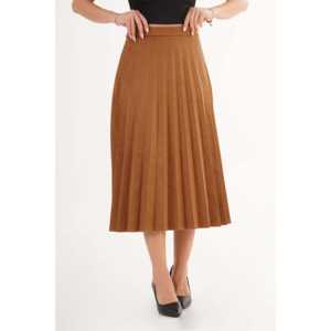 Jupe longue plissée taille haute en similicuir beige pour femme, tissu doux - Product Image 4