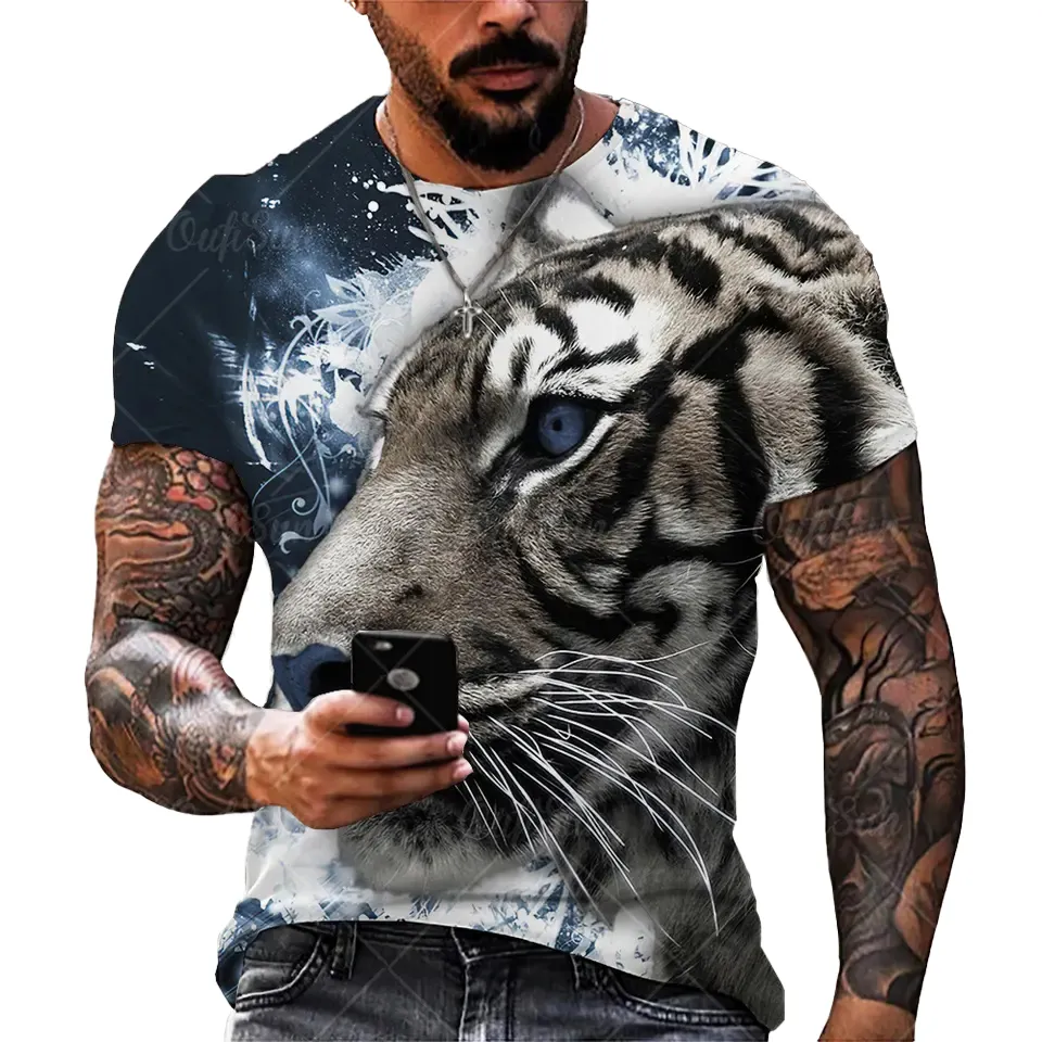 Factory Custom Personal Slogan Printing animal men Summer Casual white tiger 3d T shirt print on demand t shirt for men