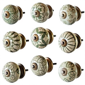 Traditional <b>Ceramic</b> Round Cabinet <b>Knobs</b> with Brass Base for Kitchen Furniture Handle Durable Metal Hardware 4PC - Product Image 1