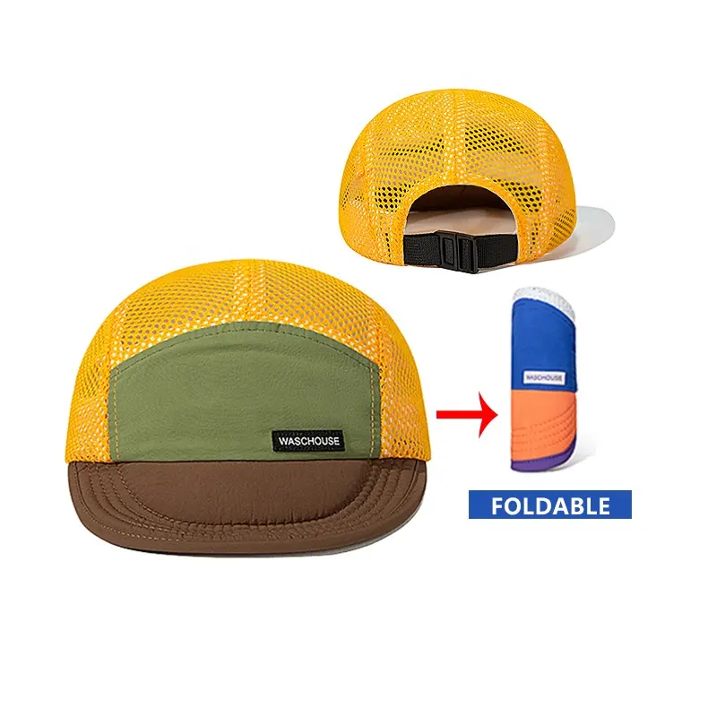 [OEM] individuell faltbar unstrukturiert 5 Paneele Netzlauf-Snapback-Hut für Außenbereich Wohnmobil Hut schnell trocknende Farbe Blockade Camp-Mütze