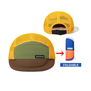 [OEM] Custom Foldable Unstructured 5 Panel Mesh Running Snapback Outdoor Camper Hat Quick Dry Color Blocking Camp Cap