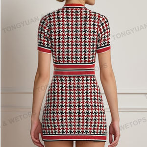 FAMA BSCI maglione personalizzato da donna Casual <span class=keywords><strong>pied</strong></span> <span class=keywords><strong>de</strong></span> <span class=keywords><strong>poule</strong></span> girocollo lavorato a maglia caldo stile greco <span class=keywords><strong>Cardigan</strong></span> a maniche corte Set gonna a due pezzi - Product Image 2