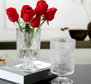 French <strong>Vintage</strong> Relief Tall Transparent Glass Vase for Flower Arrangement High End Decorative <strong>Item</strong> for Dining Table - Product Image 3