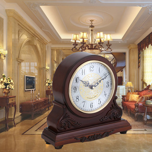 European Style Solid Wood Table Clock Circular Vintage Design Living Room Decor Japan Movement - Product Image 1