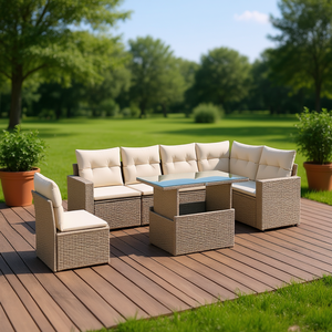 Beige Pe Rattan Garden Sofa Set With <b>Storage</b> For Patio Furniture <b>Seats</b> 7 People Contemporary Design Outdoor Use - Product Image 2