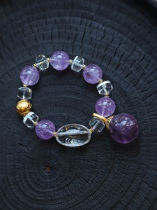 Pulsera de cuentas de amatista natural, brazalete de cristal con diamantes de imitación, cuentas redondas moradas, regalo de joyería - Product Image 1