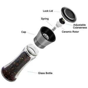 Molinillo de especias de cocina redondo, transparente, 200ml, molinillo de pimienta de vidrio con tapa de acero inoxidable cepillado y cuchillas de cerámica, venta al por mayor - Product Image 3