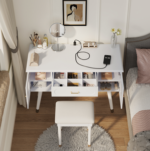 Elegant Modern Lighted <b>Vanity</b> Makeup <b>Table</b> & Chair Set with Solid Wood Storage Dressing and Writing Desk - Product Image 3