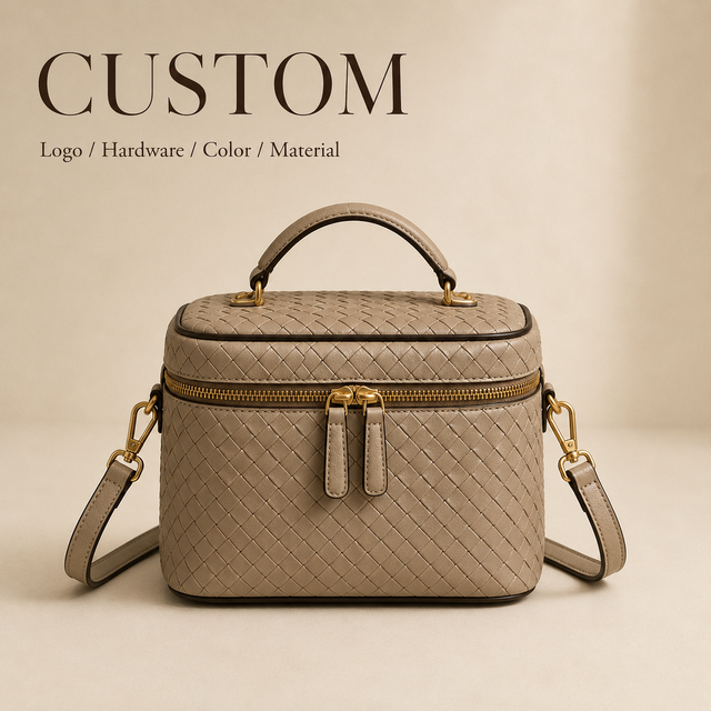 Manufacturer Custom Logo Structured Top Handle Train Case Bag Woven Vegan Leather Ladies Vanity Bag for Travel