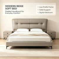 Lit moderne écologique en cuir véritable rembourré, cadre de lit en bois massif durable pour appartement et chambre d'hôtel