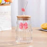 Gobelet en verre borosilicate avec couvercle, design moderne et nœud mignon, pour café glacé, jus et autres boissons