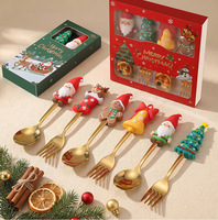 Cuillère à café de Noël en acier inoxydable finition miroir, ensemble de couverts, cuillère et fourchette Père Noël, coffret cadeau, style mignon doré