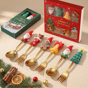 Cucchiaio da <span class=keywords><strong>Caffè</strong></span> Natalizio in Acciaio Inox con Finitura a Specchio, Set di Posate con Cucchiaio e Forchetta di Babbo Natale, Confezione Regalo Dorata, Stile Carino e Portatile - Product Image 1