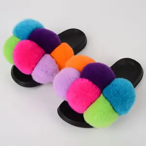 Newly designed Rex rabbit fur ball fur sandals ladies cute fluffy rabbit fur pompom indoor slippers